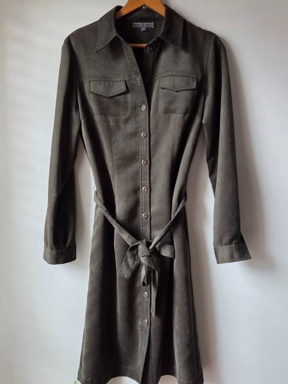 EUC MARK SHALE ARMY GREEN SUEDE FEEL SHIRT DRESS LONG SLEEVES SIZE 4 / XS